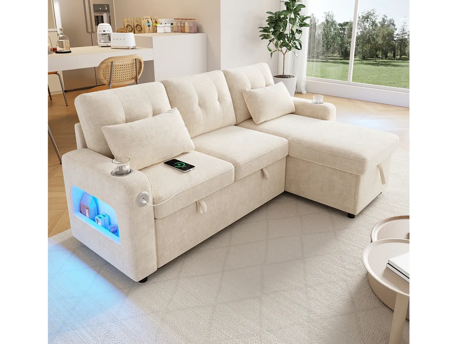 Sofá|ModernLuxe Sofá de canto em L - con espacio de armazenamento - portas USB/Type-C - porta-copos - iluminação LED - Bege