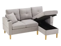 Discount Hauss Spole Sofá de canto em L de 3 lugares com 2 almofadas, suporte para copos e arrumação, tecido de algodão e linho cinza claro Cinzento claro