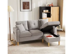 Discount Hauss Spole Sofá de canto em L de 3 lugares com 2 almofadas, suporte para copos e arrumação, tecido de algodão e linho cinza claro Cinzento claro