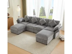 Sofá*ModernLuxe Sofá de canto em U ou L - 4 lugares - con 2 pufs - apoio de braços ajustáveis - con 4 almofadas + 2 apoios de cabeça - cinza Cinzento