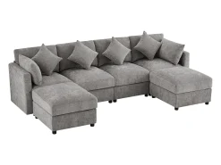 Sofá*ModernLuxe Sofá de canto em U ou L - 4 lugares - con 2 pufs - apoio de braços ajustáveis - con 4 almofadas + 2 apoios de cabeça - cinza Cinzento