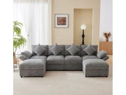 Sofá*ModernLuxe Sofá de canto em U ou L - 4 lugares - con 2 pufs - apoio de braços ajustáveis - con 4 almofadas + 2 apoios de cabeça - cinza Cinzento