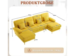 Sofá* Sofá de canto em veludo - Sofá de canto com iluminação LED e 4 almofadas - Porta USB e apoios de braços - Amarelo