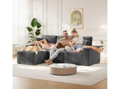Sofá*DripeX Sofá de canto esquerdo modular 3 lugares em veludo cotelê, com 2 almofadas, chaise longue 70x125cm, Cinza Cinzento