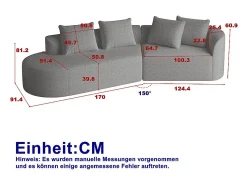 Sofá*DripeX Sofá de Canto Esquerdo Moderno Superdimensionado 4 Lugares, com 4 Almofadas, Chaise Longue Curva, Tecido Chenille, Cinza Claro Cinzento claro