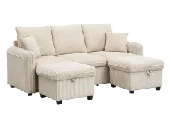 Sofá*Merax Sofá de canto estofado - 188 x 82 x 86 cm - 3 lugares - 2 apoios para os pés com armazenamento + 2 gavetas - veludo - cinza Bege