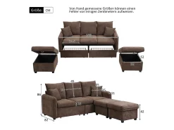 Sale Merax Sofá de canto estofado - 188 x 82 x 86 cm - 3 lugares - 2 pufes com armazenamento + 2 gavetas - veludo - marrom Castanho