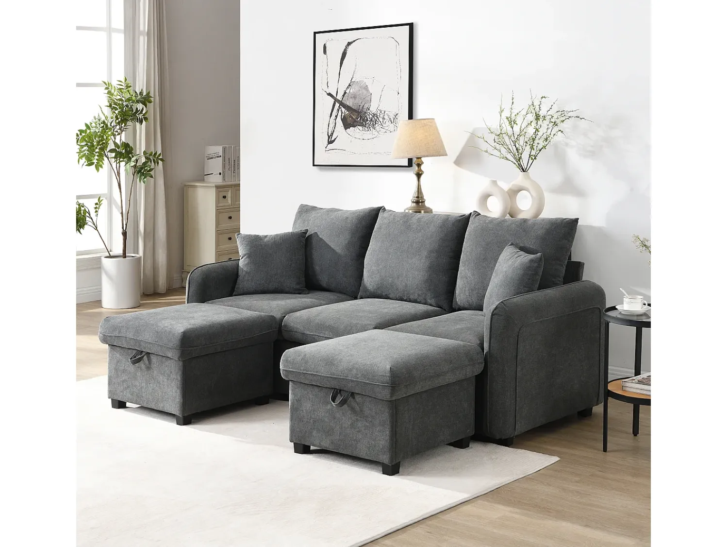 Sofá*Merax Sofá de canto estofado - 188 x 82 x 86 cm - 3 lugares - 2 apoios para pés com armazenamento + 2 gavetas - veludo - bege Cinzento