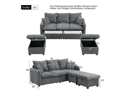 Sofá*Merax Sofá de canto estofado - 188 x 82 x 86 cm - 3 lugares - 2 apoios para pés com armazenamento + 2 gavetas - veludo - bege Cinzento