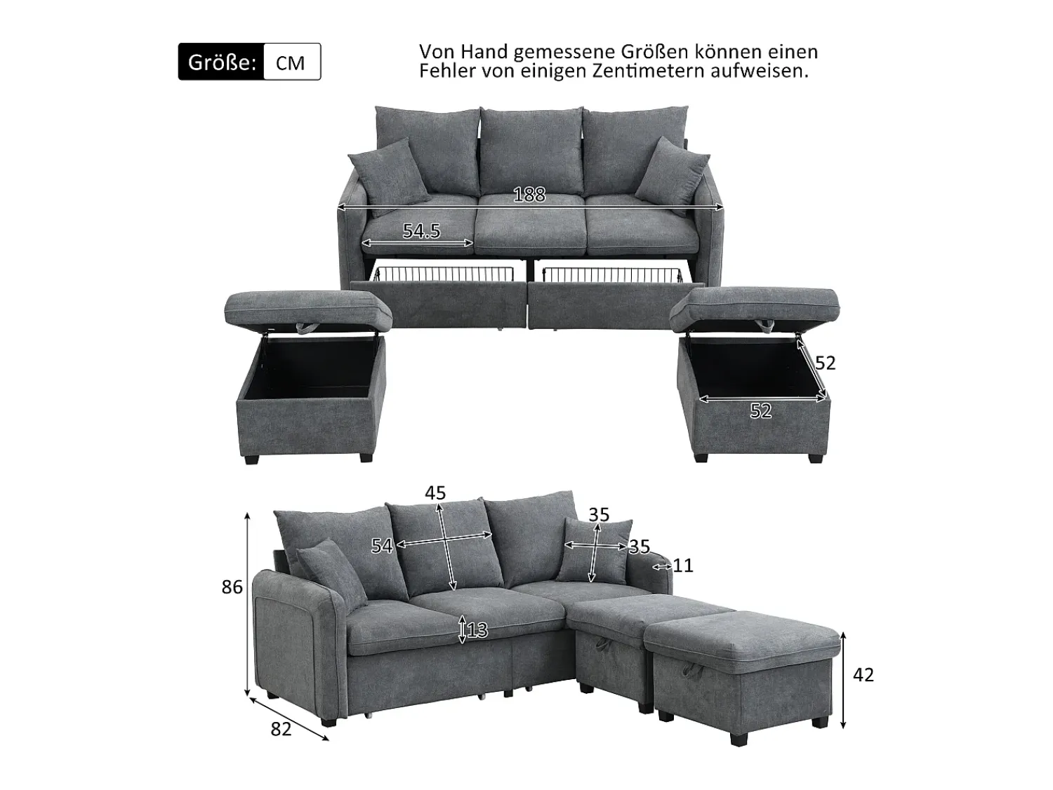 Sofá*Merax Sofá de canto estofado - 188 x 82 x 86 cm - 3 lugares - 2 apoios para pés com armazenamento + 2 gavetas - veludo - bege Cinzento