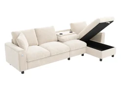 ModernLuxe Sofá de canto moderno em L - com 2 porta-copos - 1 porta USB e 1 porta Tipo-C - com 2 braços com armazenamento - Tecido de pelúcia -^ Sofá