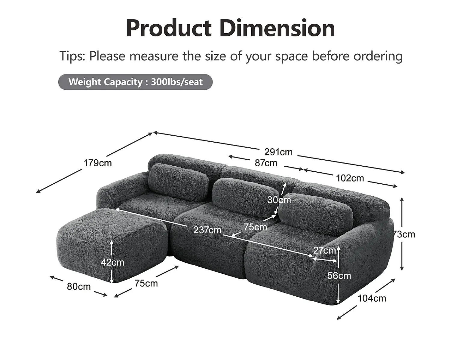 Sofá|DripeX Sofá de Canto Modular 3 lugares em tecido peluche, com puff e 3 almofadas, 291x179x73cm, Cinza Cinzento