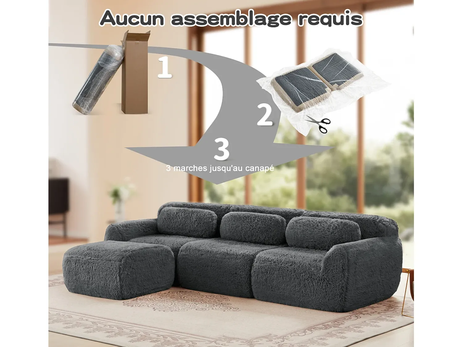 Sofá|DripeX Sofá de Canto Modular 3 lugares em tecido peluche, com puff e 3 almofadas, 291x179x73cm, Cinza Cinzento