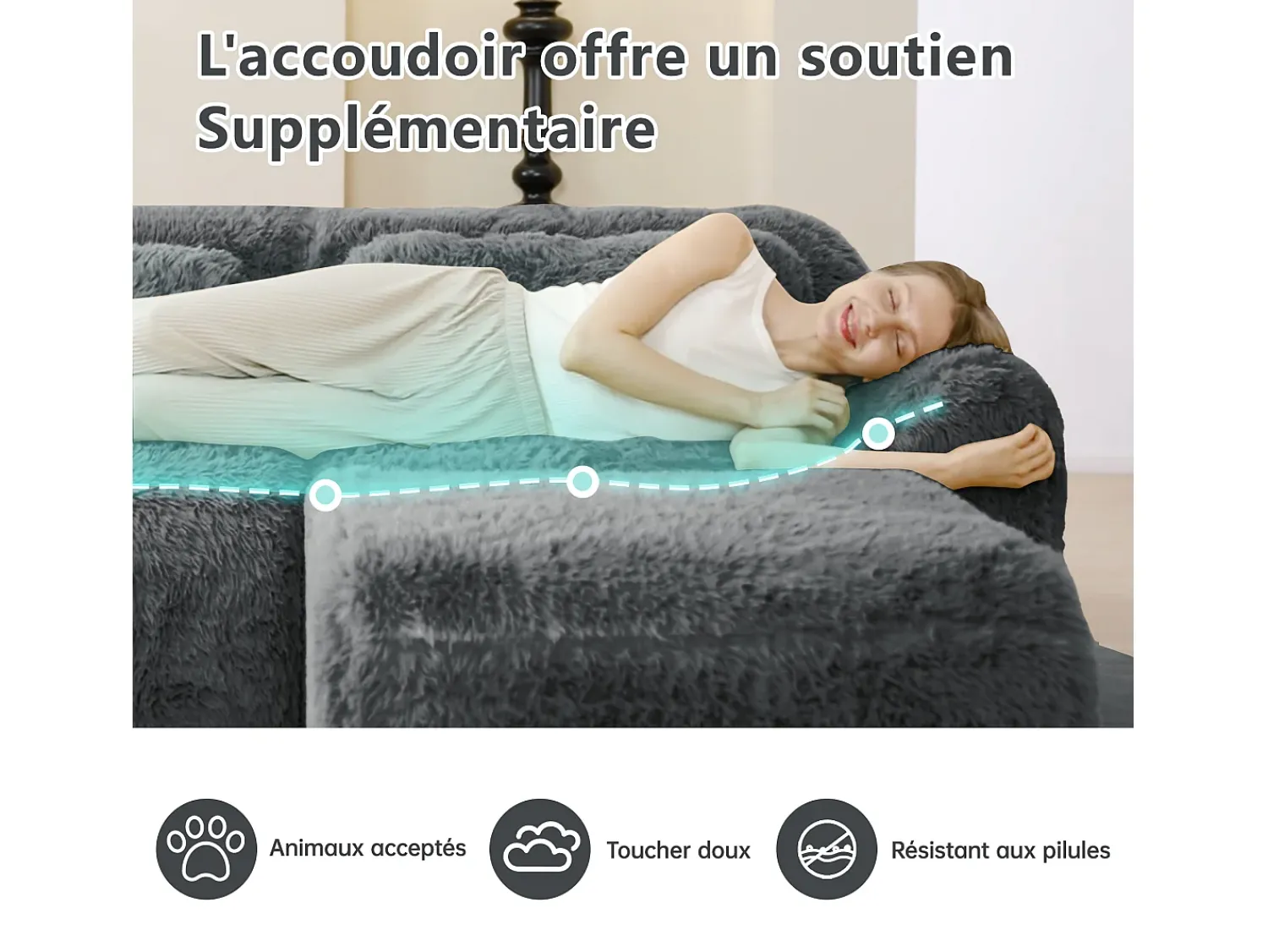Sofá|DripeX Sofá de Canto Modular 3 lugares em tecido peluche, com puff e 3 almofadas, 291x179x73cm, Cinza Cinzento