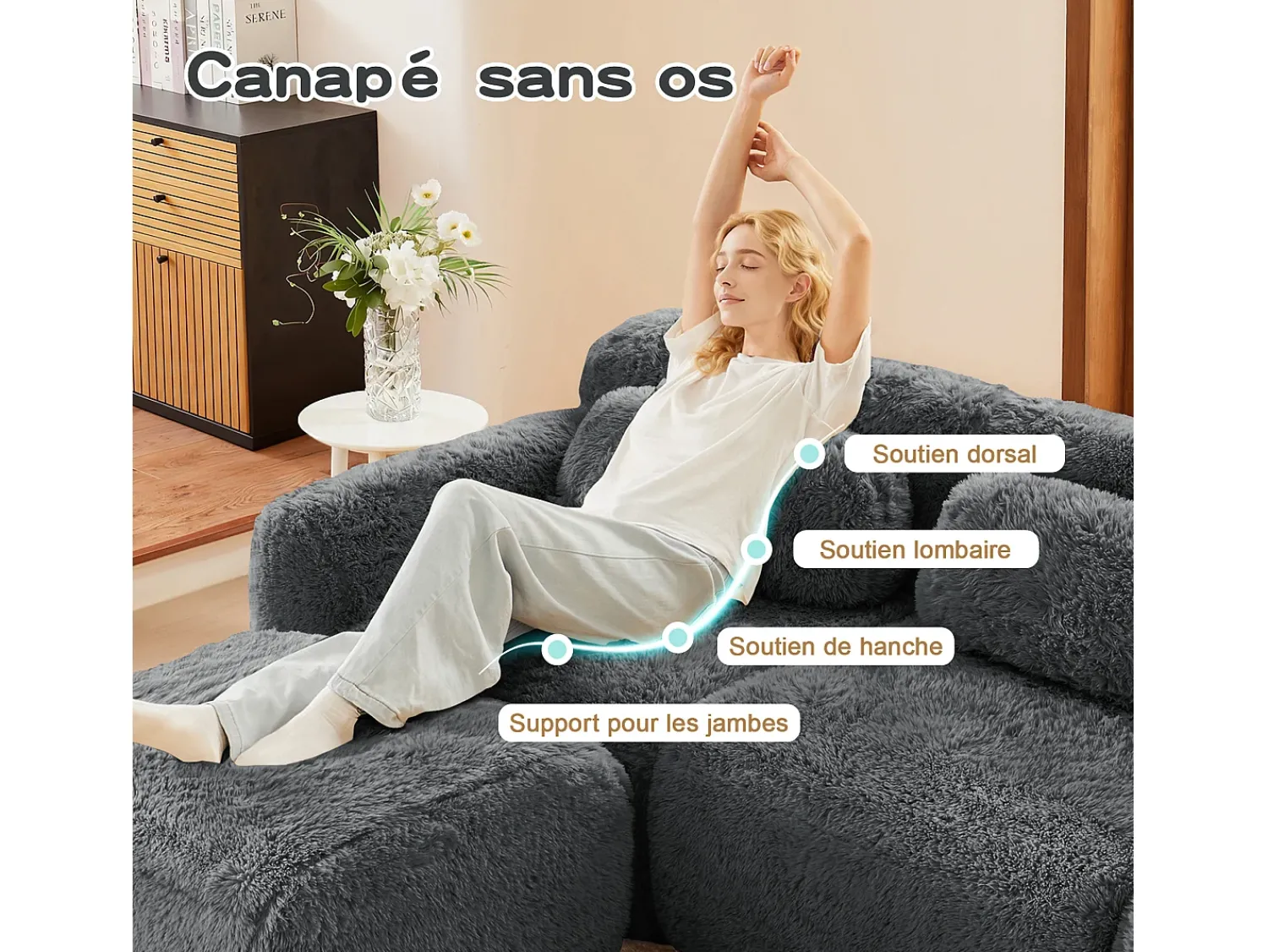 Sofá|DripeX Sofá de Canto Modular 3 lugares em tecido peluche, com puff e 3 almofadas, 291x179x73cm, Cinza Cinzento