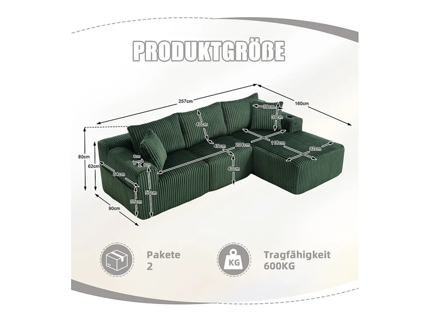 Sofá|DripeX Sofá de Canto Modular 3 Lugares, de Veludo Cotelê, com Porta-copos, Almofadas e Bolsos Laterais, Chaise Longue 118cm, Verde
