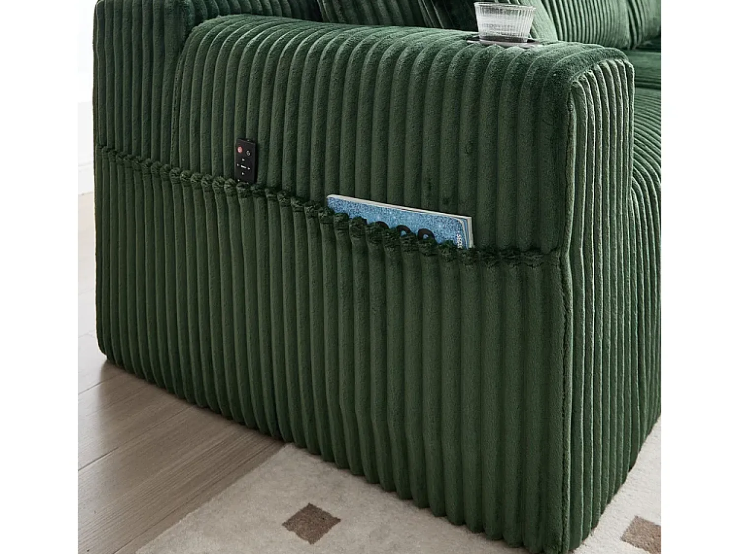 Sofá|DripeX Sofá de Canto Modular 3 Lugares, de Veludo Cotelê, com Porta-copos, Almofadas e Bolsos Laterais, Chaise Longue 118cm, Verde
