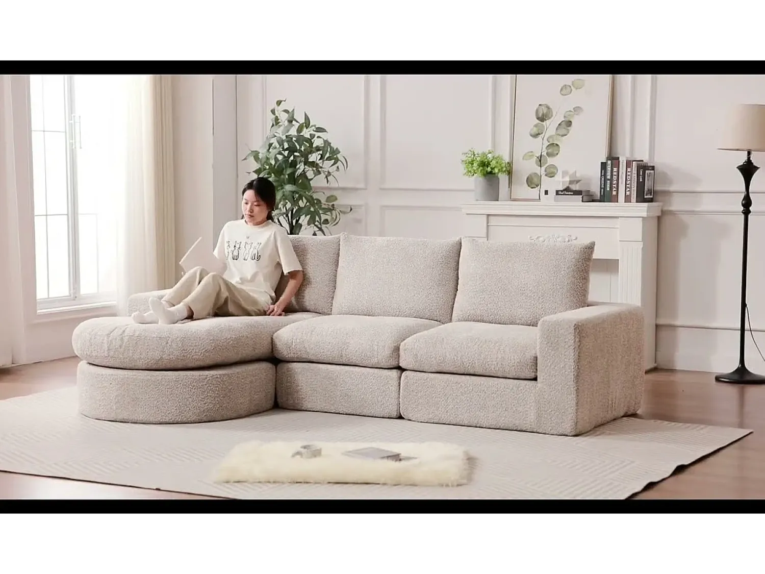 DripeX Sofá de Canto Modular 3 Lugares, com Chaise Longue Curva Reversível, 3 Almofadas e Almofadas Cervicais, Tecido Chenille,^ Sofá