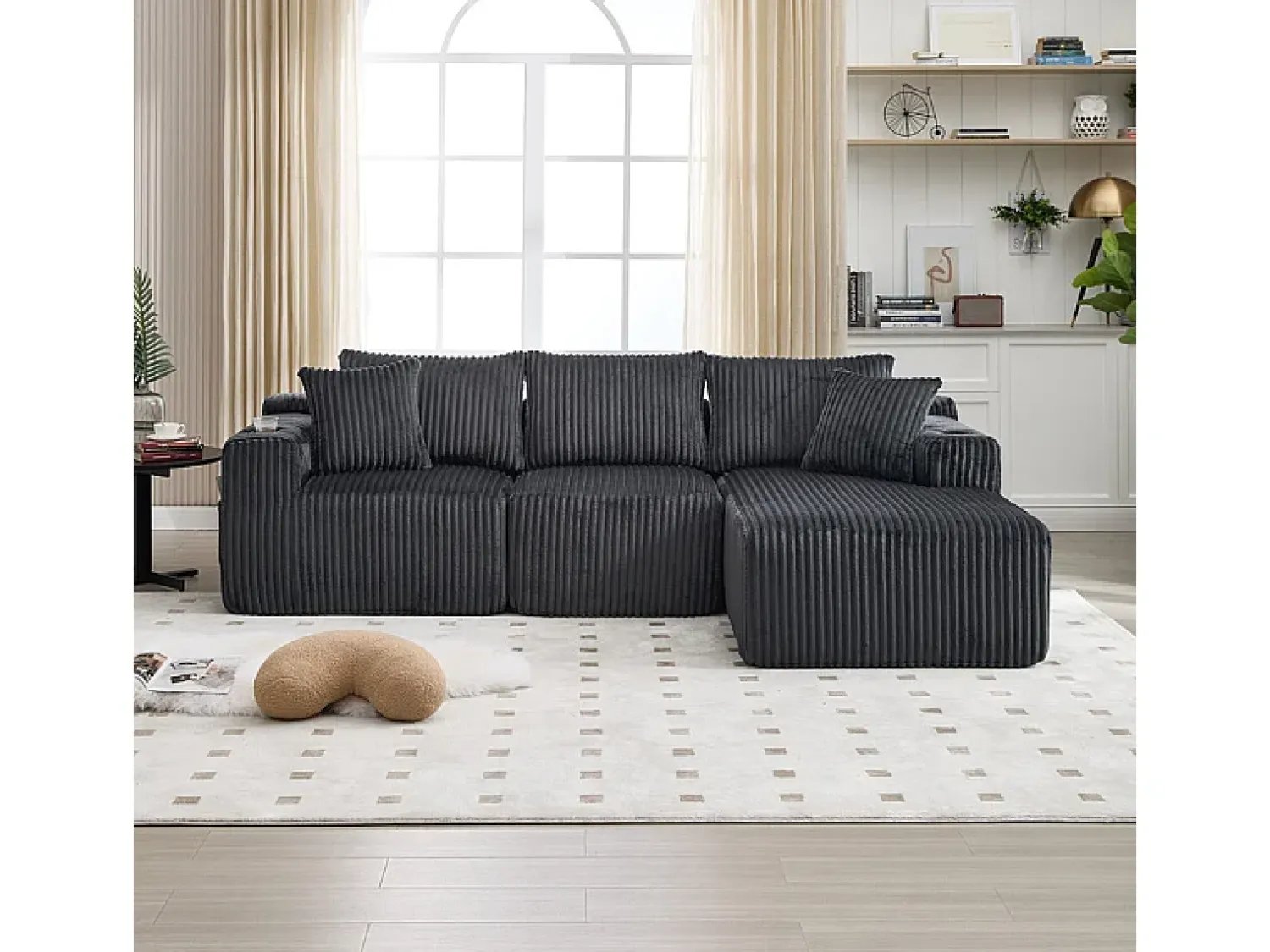 Sofá|DripeX Sofá de Canto Modular 3 Lugares, de Veludo Cotelê, com Porta-copos, Almofadas e Bolsos Laterais, Chaise Longue 118cm, Cinza Cinzento