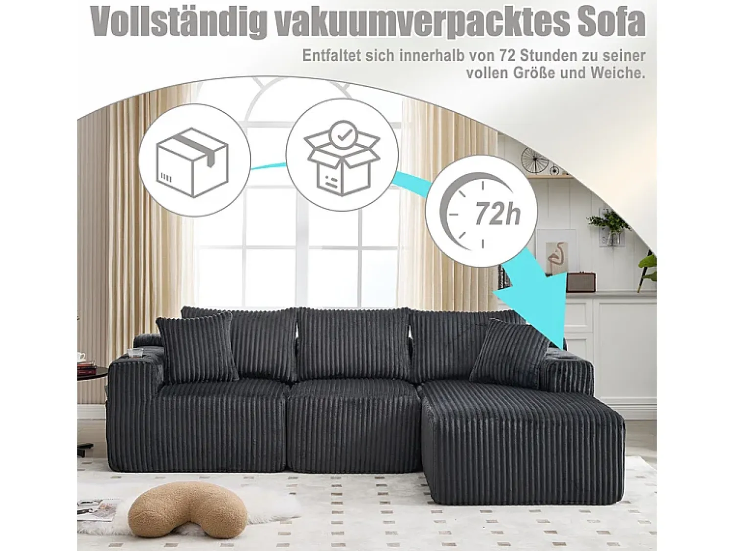 Sofá|DripeX Sofá de Canto Modular 3 Lugares, de Veludo Cotelê, com Porta-copos, Almofadas e Bolsos Laterais, Chaise Longue 118cm, Cinza Cinzento