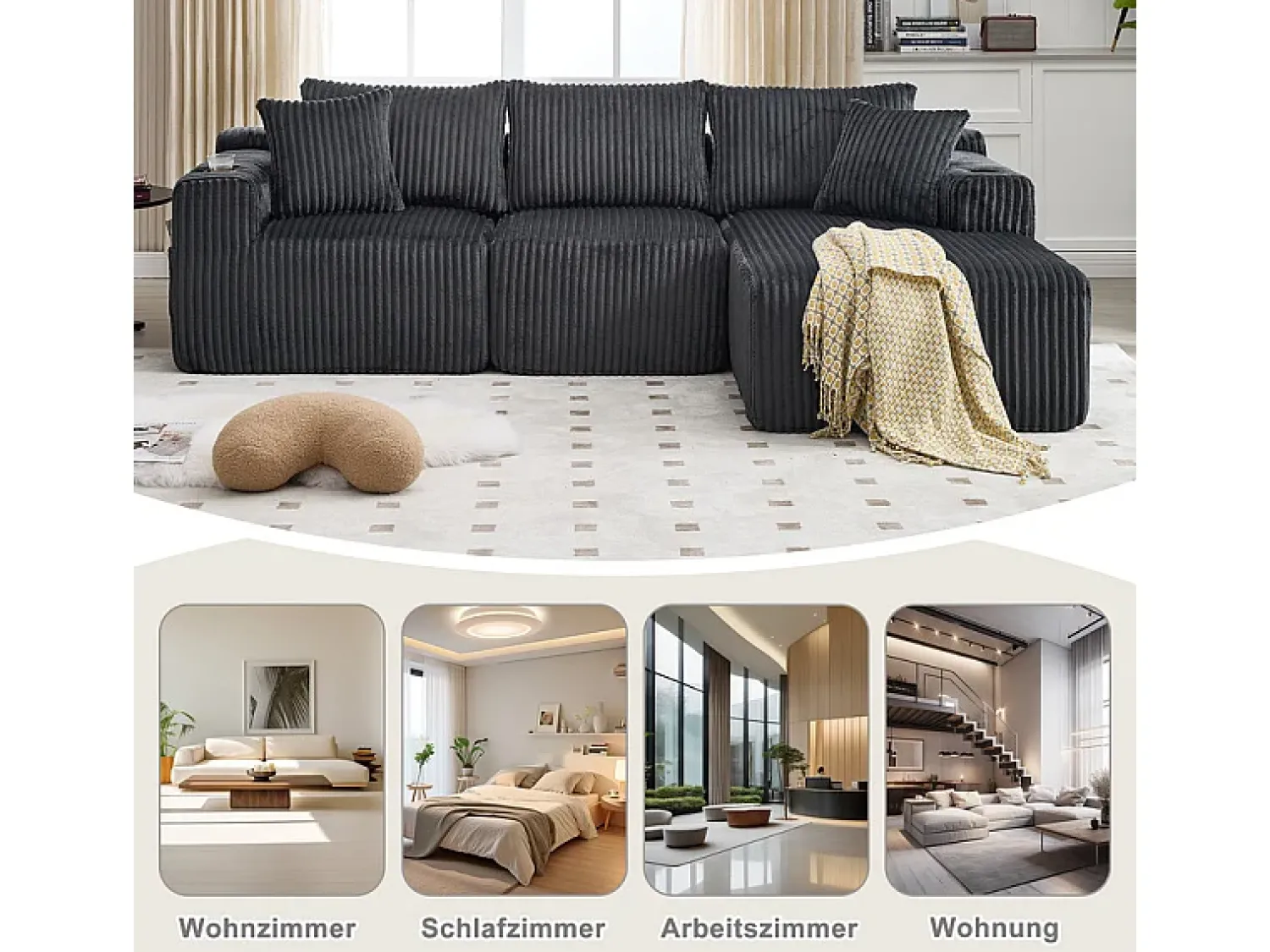 Sofá|DripeX Sofá de Canto Modular 3 Lugares, de Veludo Cotelê, com Porta-copos, Almofadas e Bolsos Laterais, Chaise Longue 118cm, Cinza Cinzento
