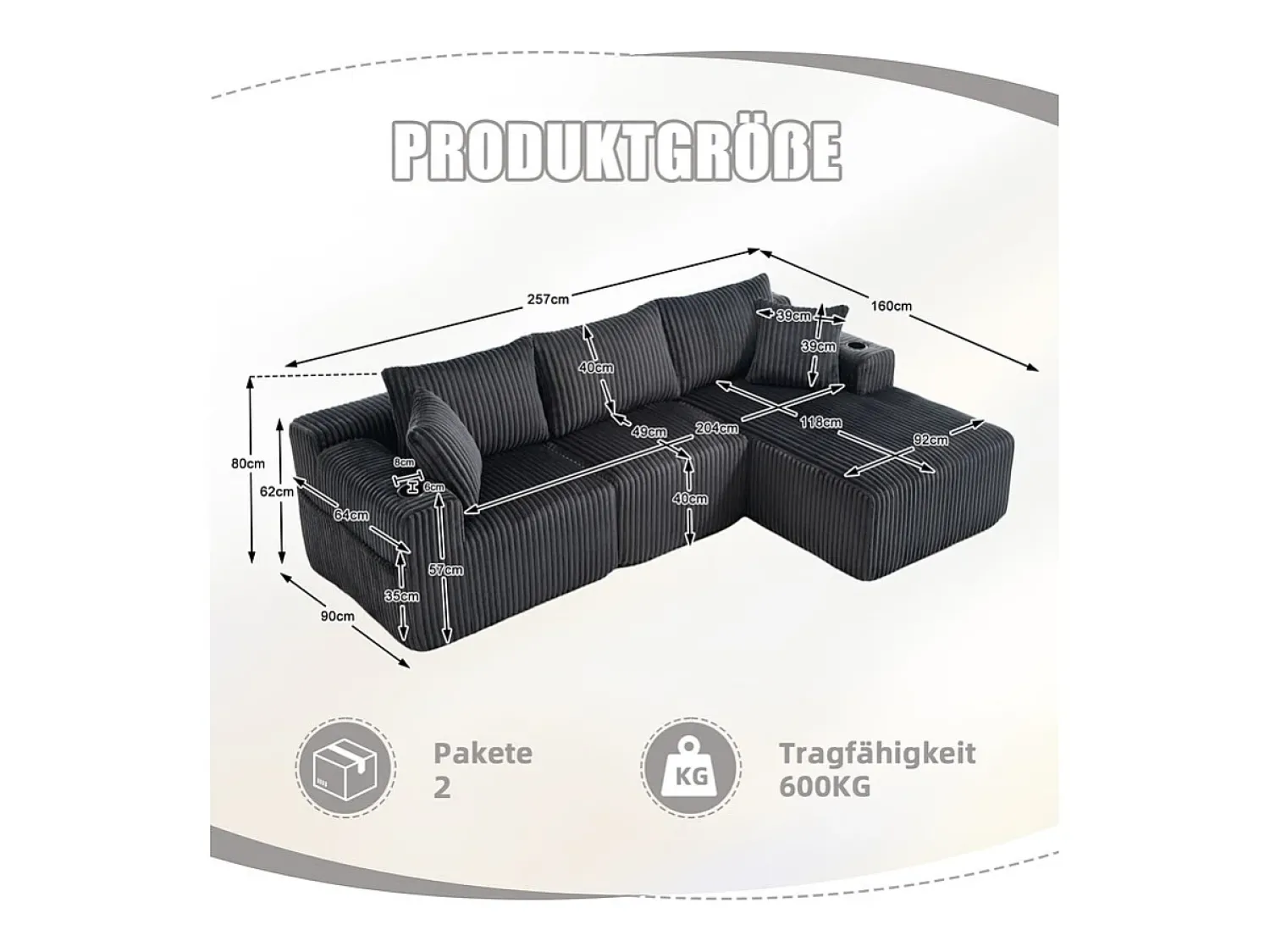 Sofá|DripeX Sofá de Canto Modular 3 Lugares, de Veludo Cotelê, com Porta-copos, Almofadas e Bolsos Laterais, Chaise Longue 118cm, Cinza Cinzento