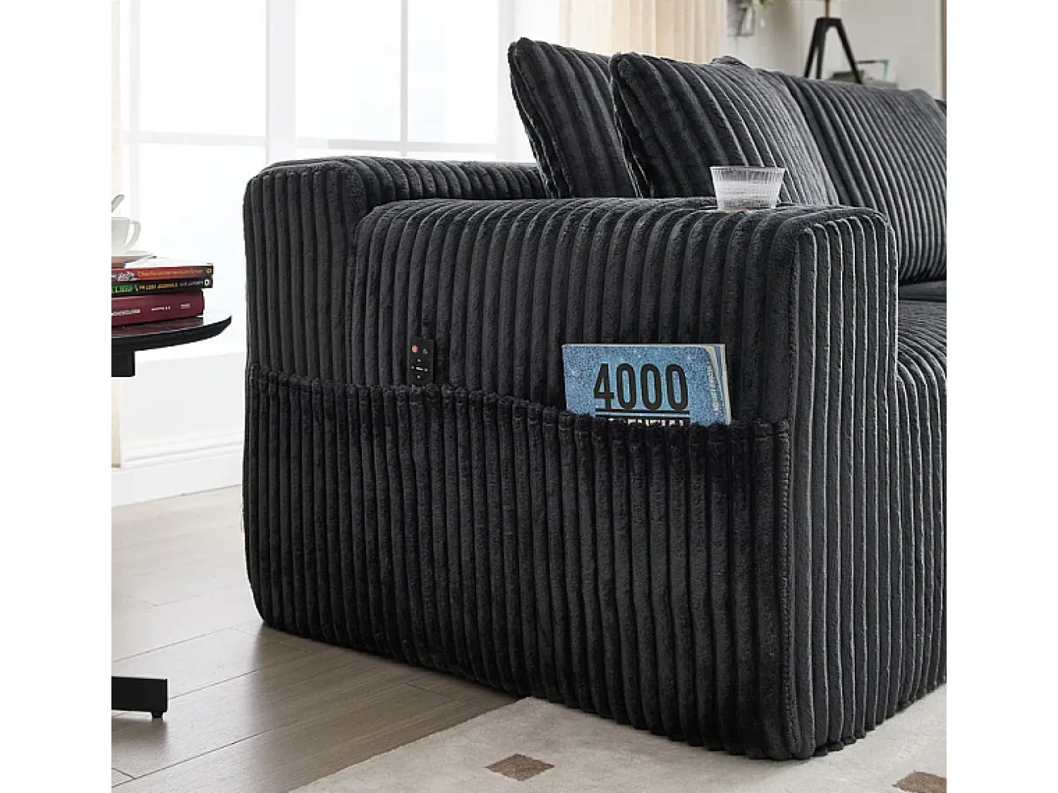 Sofá|DripeX Sofá de Canto Modular 3 Lugares, de Veludo Cotelê, com Porta-copos, Almofadas e Bolsos Laterais, Chaise Longue 118cm, Cinza Cinzento