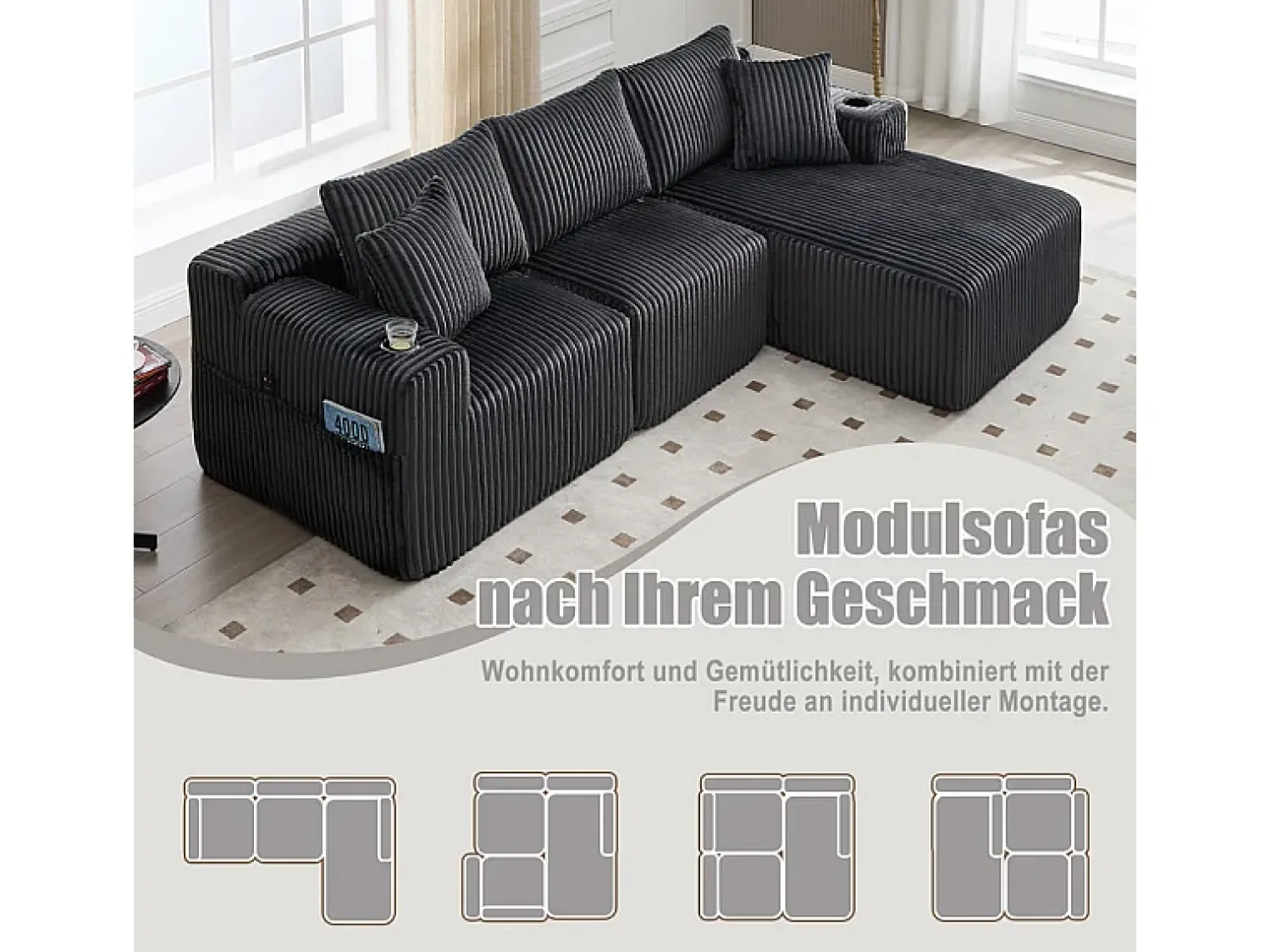 Sofá|DripeX Sofá de Canto Modular 3 Lugares, de Veludo Cotelê, com Porta-copos, Almofadas e Bolsos Laterais, Chaise Longue 118cm, Cinza Cinzento