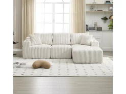 Sofá*DripeX Sofá de Canto Modular 3 Lugares, de Veludo Cotelê, com Porta-copos, Almofadas e Bolsos Laterais, Chaise Longue 118cm, Bege