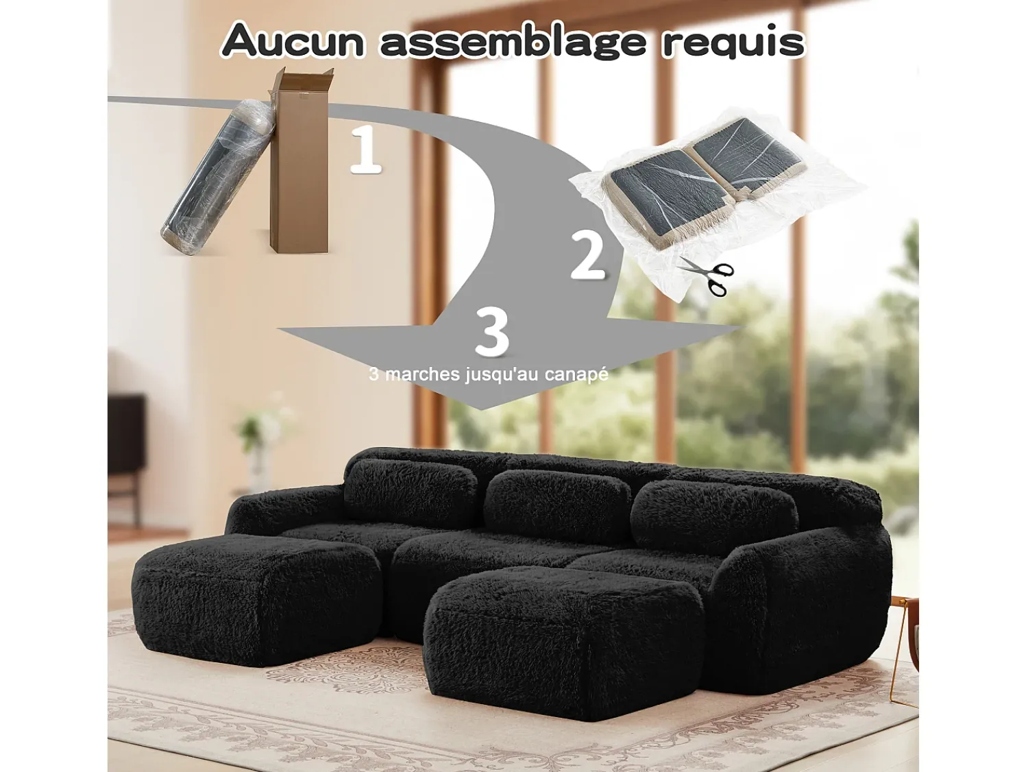 Sofá*DripeX Sofá de Canto Modular em tecido peluche, com 2 puffs e 3 almofadas, 291x179x73cm, Preto