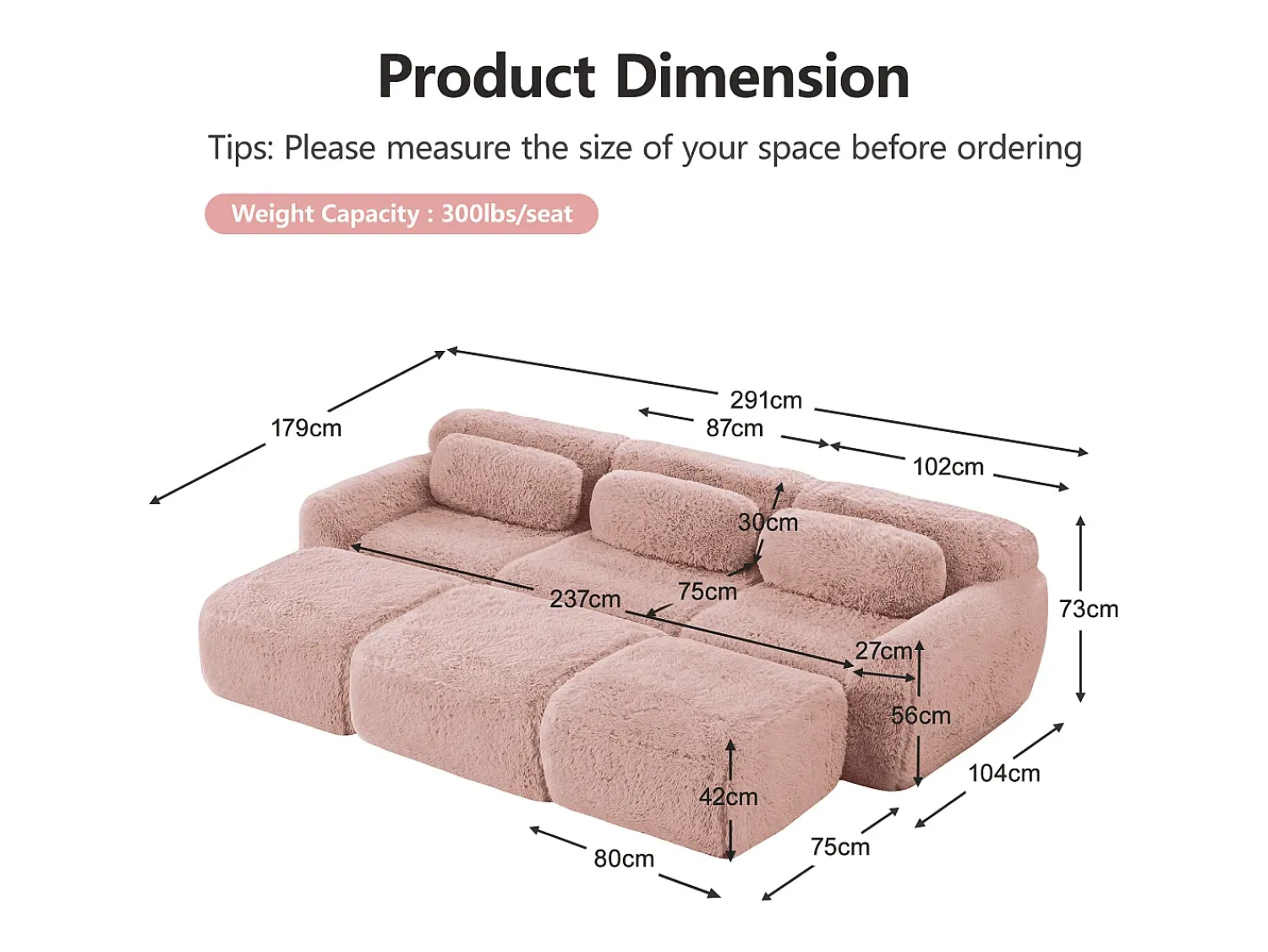 DripeX Sofá de Canto Modular em tecido peluche, com 3 puffs e 3 almofadas, 291x179x73cm,^ Sofá