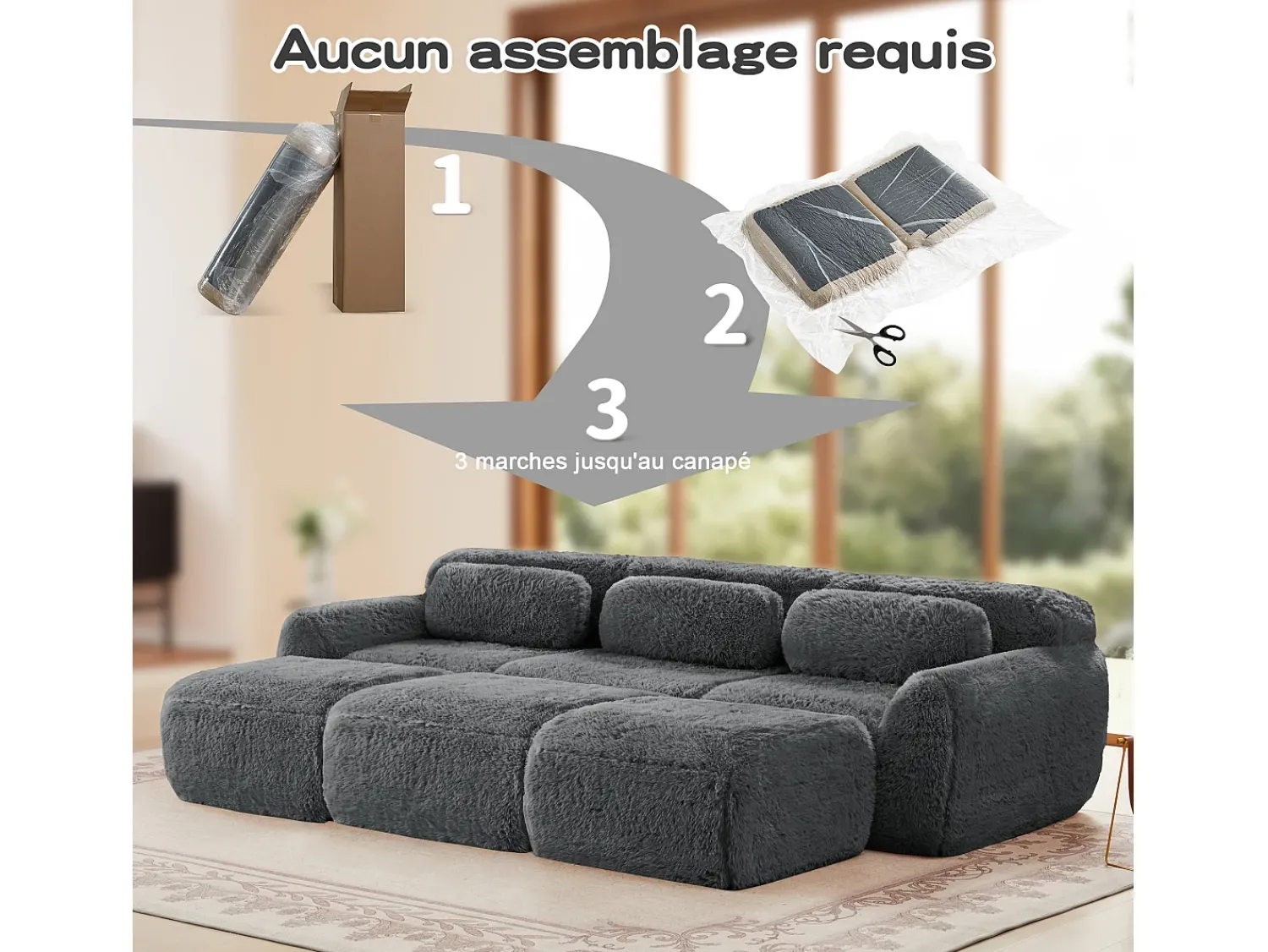 Sofá*DripeX Sofá de Canto Modular em tecido peluche, com 3 puffs e 3 almofadas, 291x179x73cm, Cinza Cinzento