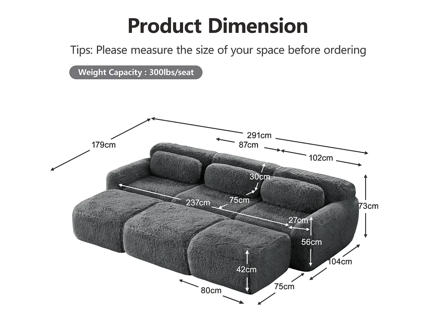 Sofá*DripeX Sofá de Canto Modular em tecido peluche, com 3 puffs e 3 almofadas, 291x179x73cm, Cinza Cinzento