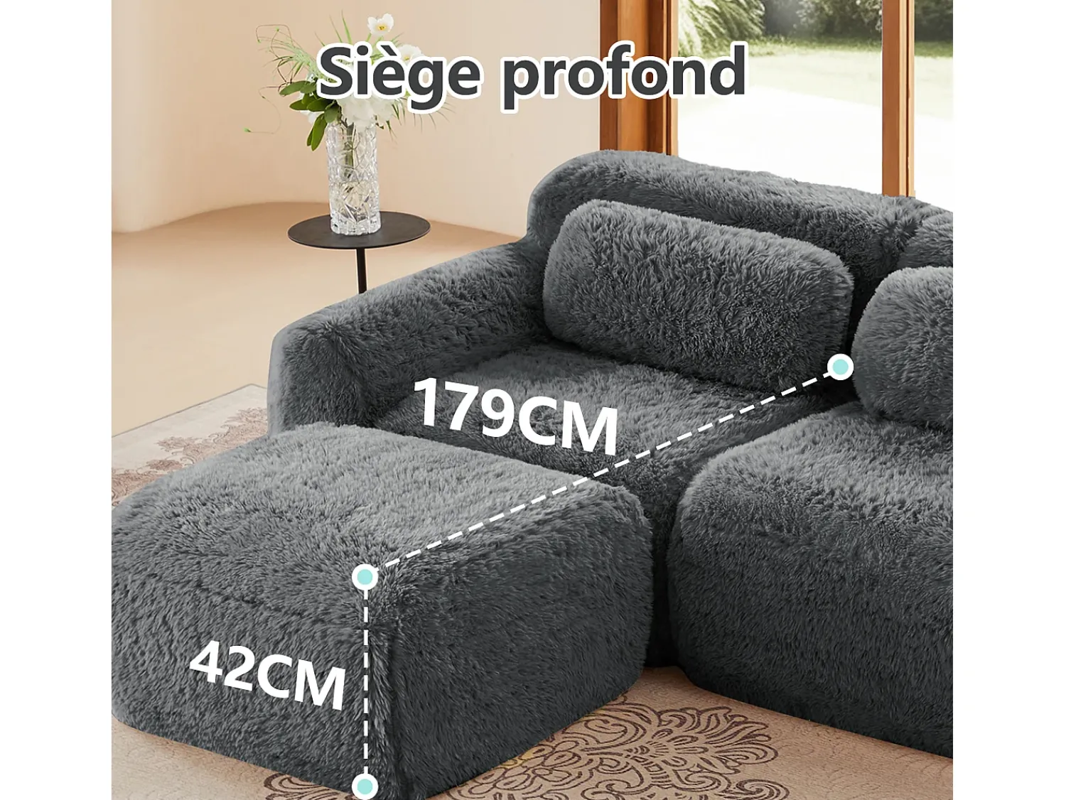Sofá|DripeX Sofá de Canto Modular em tecido peluche, com 2 puffs e 3 almofadas, 291x179x73cm, Cinza Cinzento