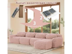 Sofá*DripeX Sofá de Canto Modular em tecido peluche, com puff e 4 almofadas, sem estrutura, 378x179x73cm, Rosa