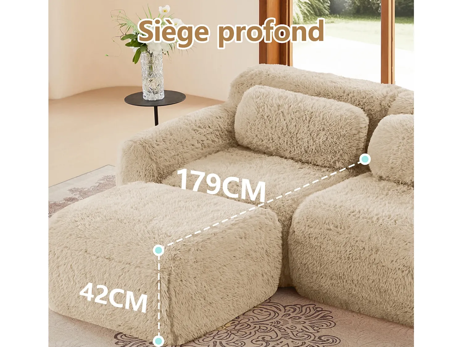 Sofá*DripeX Sofá de Canto Modular em tecido peluche, com 2 puffs e 2 almofadas, 204x179x73cm, Caqui