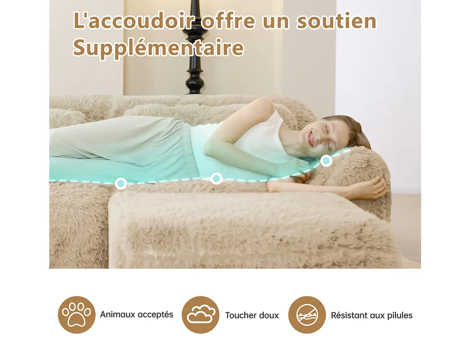 Sofá*DripeX Sofá de Canto Modular em tecido peluche, com 2 puffs e 2 almofadas, 204x179x73cm, Caqui