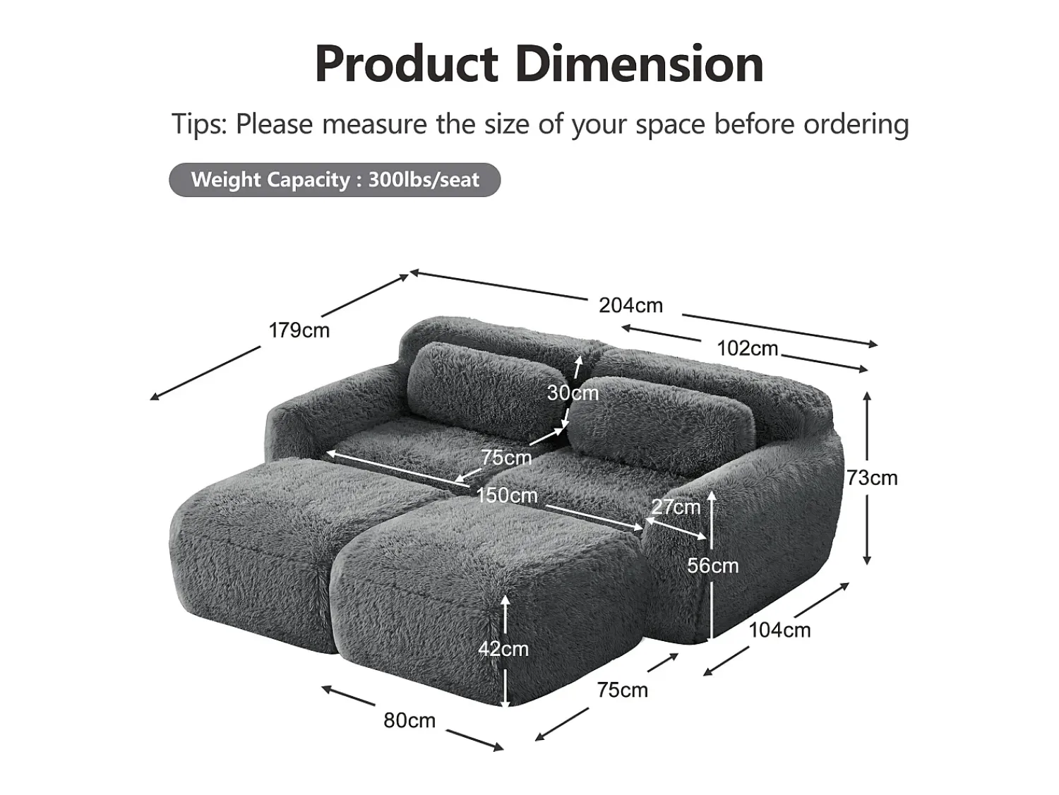 DripeX Sofá de Canto Modular em tecido peluche, com 2 puffs e 2 almofadas, 204x179x73cm, Cinza^ Sofá