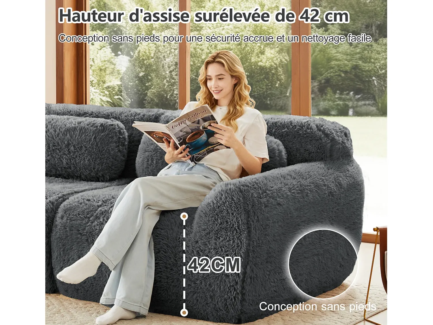 DripeX Sofá de Canto Modular em tecido peluche, com 2 puffs e 2 almofadas, 204x179x73cm, Cinza^ Sofá