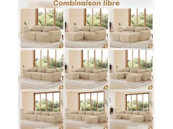 Sofá*DripeX Sofá de Canto Modular em tecido peluche, com 2 puffs e 3 almofadas, 291x179x73cm, Caqui