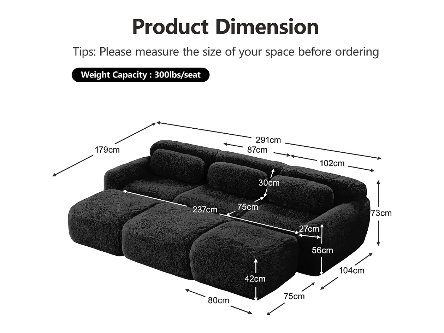 Sofá*DripeX Sofá de Canto Modular em tecido peluche, com 3 puffs e 3 almofadas, 291x179x73cm, Preto