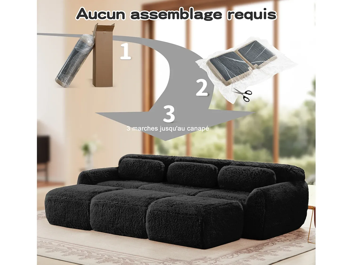 Sofá*DripeX Sofá de Canto Modular em tecido peluche, com 3 puffs e 3 almofadas, 291x179x73cm, Preto