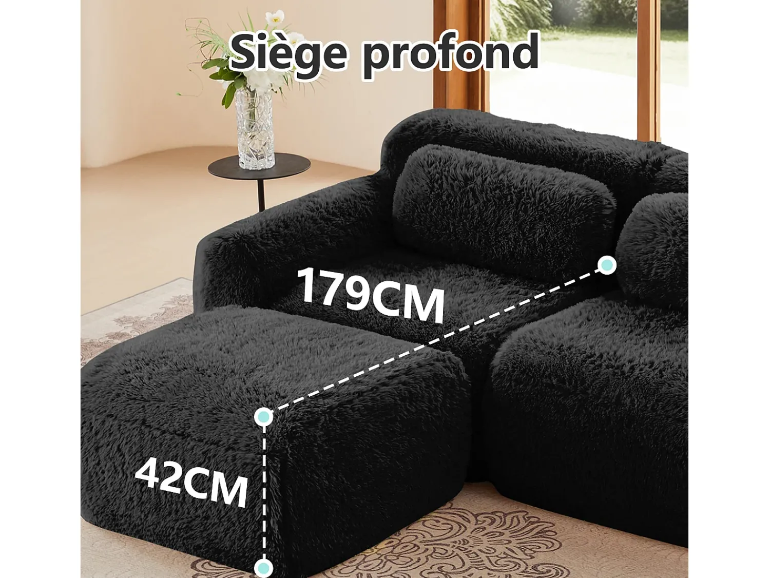 Sofá*DripeX Sofá de Canto Modular em tecido peluche, com 3 puffs e 3 almofadas, 291x179x73cm, Preto