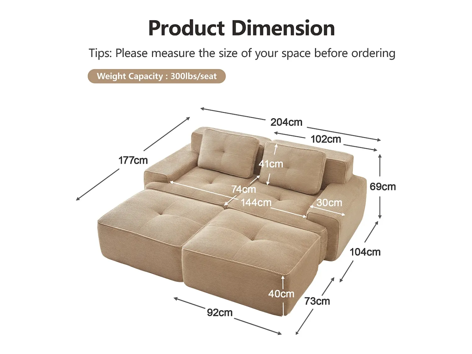 Hot DripeX Sofá de Canto Modular em Veludo cotelê, com 2 puffs e 2 almofadas, 204x177x69cm, Bege
