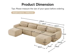Sofá|DripeX Sofá de Canto Modular Forma de U em tecido peluche, com 2 puffs e 4 almofadas, 378x179x73cm, Caqui