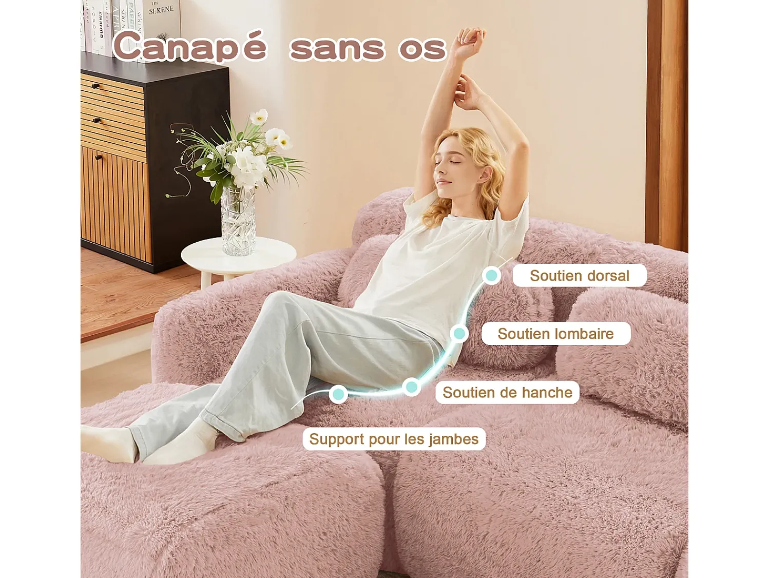 Sofá*DripeX Sofá de Canto Modular Forma de U em tecido peluche, com 2 puffs e 4 almofadas, 378x179x73cm, Rosa