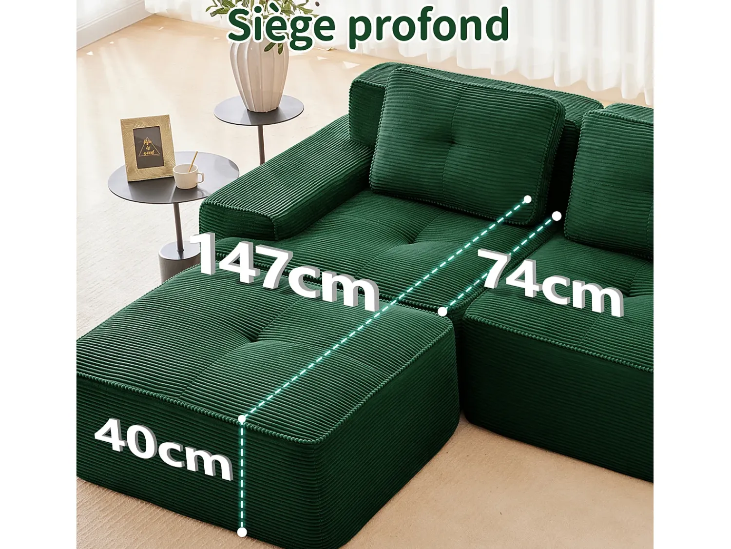 Sofá|DripeX Sofá de Canto Modular Forma de U em Veludo cotelê, com 2 puffs e 3 almofadas, 293x177x69cm, Verde