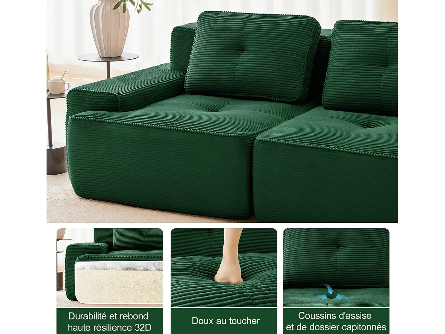 Sofá|DripeX Sofá de Canto Modular Forma de U em Veludo cotelê, com 2 puffs e 3 almofadas, 293x177x69cm, Verde