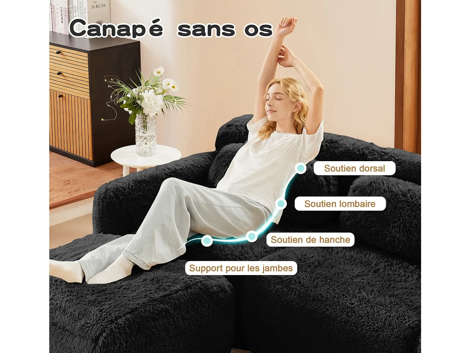 Clearance DripeX Sofá de Canto Modular Forma de U em tecido peluche, com 2 puffs e 4 almofadas, 378x179x73cm, Preto