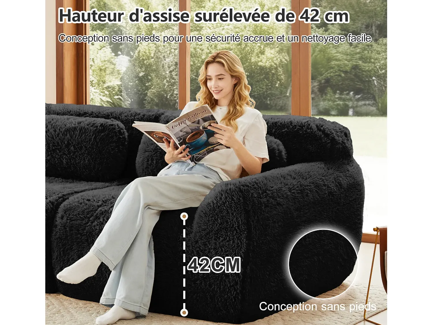 Clearance DripeX Sofá de Canto Modular Forma de U em tecido peluche, com 2 puffs e 4 almofadas, 378x179x73cm, Preto